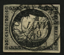 20c Noir (n°3) Obl. Centrale T.15 CHAMPAGNEY 4 JANV. 49. Léger Pelurage. Signé SCHELLER + BAUDOT. Superbe. - 1849-1876: Klassik
