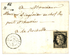 1850 20c (n°3) TB Margé + Cursive 16 MURON + T.15 SURGERES Sur Lettre Avec Texte. TTB. - 1849-1850 Ceres