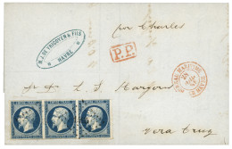 1855 Superbe Bande De 3 Du 20c (n°14) Obl. PC 1495 + BUREAU MARITIME LE HAVRE + "Par CHARLES" Sur Lettre Pour VERA-CRUZ  - 1853-1860 Napoleon III