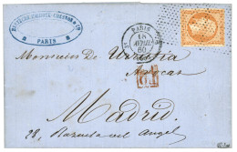 1860 40c (n°16) Rouleau De Pointillés Fins Sur Lettre De PARIS Pour MADRID (ESPAGNE). Signé CALVES. TB. - 1853-1860 Napoléon III.