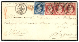1851 80c (n°17)x3 Pd + 20c (n°14) Obl. PC 3710 + ALGER ALGERIE Sur Lettre (double Port) Pour NAPLES (ITALIE). Affrt Rare - 1853-1860 Napoléon III