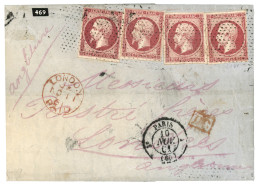 1861 4 Exemplaires Du 80c (n°17) Obl. Rouleau De POINTILLES FINS Sur Lettre De PARIS Pour L' ANGLETERRE. Affrt Rare à 3F - 1853-1860 Napoléon III