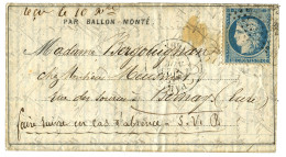 "LA VILLE D' ORLEANS " : 20c (n°37) Obl. Etoile + PARIS 23 Nov 70 Sur DEPÊCHE BALLON N°8 (Cote + 1800€) Pour BERNAY. Men - War 1870