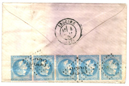 BOULE DE MOULINS : 1871 Bande De 5 Du 20c (n°29) Obl. GC 3333 + T.17 ISSOIRE Au Verso D'une Enveloppe Avec Texte "Par MO - Krieg 1870