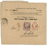 1875 CERES 2c + 10c Obl. T.17 TOULOUSE Sur Bande D' Imprimée Complète Pour MOTTOLA (ITALIE). Recto, Cachet NAPOLI. Verso - 1871-1875 Ceres