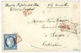 FRAUDE POSTALE : 1874 25c CERES (n°60) Dents Coupés Réutilisé Et Fixé Sur Enveloppe De PARIS Pour SAIGON (COCHINCHINE).  - 1871-1875 Ceres