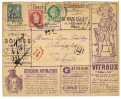 1887 15c SAGE Entier Carte-lettre PUBLICITAIRE + 80c Lauré (n°32) + 5c CERES (déf.) Obl. PARIS En RECOMMANDE Pour HELSIN - 1876-1898 Sage (Type II)