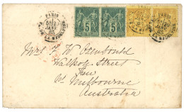 Tarif PRE-U.P.U à 60c Pour L' AUSTRALIE : 1885 SAGE 5c (x2) + 25c (x2) Obl. PARIS Sur Lettre Pour MELBOURNE (AUSTRALIE). - 1876-1898 Sage (Tipo II)