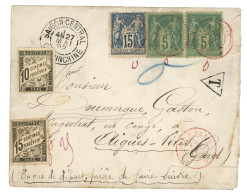 1892 SAGE 5c (x2) + 15c Obl. Cachet MODANE A PARIS En Rouge (rare Sur Timbres) Sur Enveloppe De SAIGON Pour La FRANCE Ta - 1876-1898 Sage (Type II)