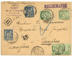 1899 5c (x4) + 15c (x2) Obl. PARIS 47 Sur Lettre RECOMMANDEE Avec Texte Pour ZANZIBAR. RARE. TTB. - 1876-1898 Sage (Tipo II)