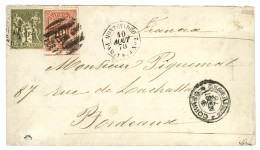 1878 1F SAGE Obl. MONTEVIDEO PAQ FR J N°2 + UTRUGUAY 10c Sur Lettre Pour BORDEAUX. Affrt Mixte. TTB. - Maritime Post