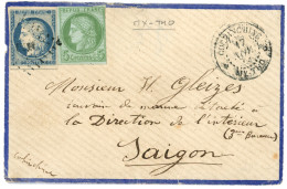 MYTHO : 1874 CG 5c + 20c Obl. CCH + COCHINCHINE MY-THO Sur Lettre Pour SAIGON. Courrier Civil Rare. TB. - Autres & Non Classés