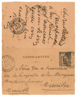 TAY-NINH : 1890 Entier Carte Lettre CG 25c Obl. TAYNINH COCHINCHINE Pour MANILA PHILIPPINES. TB. - Sonstige & Ohne Zuordnung