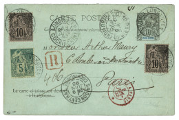 LONGXUYEN : 1893 Entier 10c + CG 5c + 10c(x2) Obl. LONGXUYEN En RECOMMANDE Pour PARIS. Superbe. - Other & Unclassified