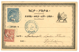 ETHIOPIA : 1906 ETHIOPIA P/Stat. 05 On 1g + French LEVANT 10c Canc. HARAR POSTES FRANCAISES To DJIBOUTI. RARE. Vvf. - Etiopía