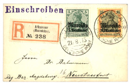 MOROCCO - ALKASSAR : 1913 5c On 5pf + 30c Pn 25pf Canc. ALKASSAR On REGISTERED Cover To GERMANY. Vvf. - Marruecos (oficinas)