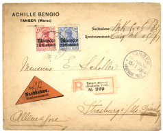 MOROCCO : 1908 10c On 10pf + 25c On 20pf Canc. TANGER + NACHNAHME / REMBOURSEMENT On REGISTERED Cover To GERMANY. Vf. - Deutsche Post In Marokko