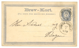 NORWAY - SHIPMAIL : 1879 Postal Stationery 5 Ore Canc. DAMPSK:HORNELET To BERGEN. Small Part Of Name Erased. Scarce. Vvf - Other & Unclassified