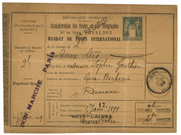 ROMANIA - Incoming Mail : 1899 FRANCE Extremely Scarce POSTAL STATIONERY SAGE Type "MANDAT DE POSTE INTERNATIONAL" Canc. - Autres & Non Classés