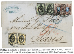 RUSSIA : 1872 10k (x2) + 3k (x2) + 1k (x2) On Cover From RIGA To FRANCE. Vvf. - Autres & Non Classés