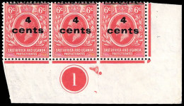 KUT 1919 KGV 4c On 6c Misplaced Overprint Strip - Kenya, Uganda & Tanganyika