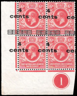 KUT 1919 4c Misplaced Surcharge In Plate Block - Kenya, Uganda & Tanganyika