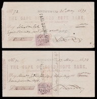 Griqualand West Revenues 1873 Diamond Fields Cheques - Griqualandia Occidental (1874-1879)