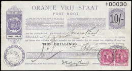 Orange Free State 1898 Postal Note 10/- Money Order To Cape - Oranje Vrijstaat (1868-1909)