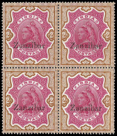 Zanzibar 1895 QV 2r Block Incl Daun's Capital Z Variety - Zanzibar (...-1963)