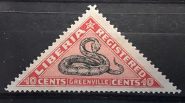 LIBÉRIA 1921,Timbre Pour Lettres Chargées,Registred Stamp Yvert 26,10 C Rouge Et Noir Vipere Du Gabon  Snake Neuf (*) TB - Serpents