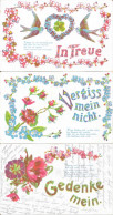 Lot De 3 Cartes Fantaisie (fleurs Et Oiseaux): Gedenke Mein, Vergiss Mein Nicht, In Treue (souviens-toi De Moi...) - Colecciones Y Lotes