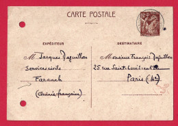 !!! ENTIER POSTAL IRIS UTILISÉ À FARANAH, GUINÉE FRANÇAISE EN SEPTEMBRE 1941, TROUS D'ARCHIVES - Lettres & Documents