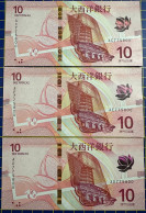 MACAU, MACAO - 2020 BANCO NACIONAL ULTRAMARINO 10 PATACAS UNC X 3 ALL SAME NUMBER - 775800 - Macau