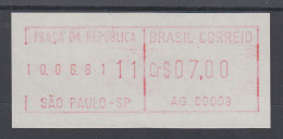 Brasilien FRAMA-ATM AG.00003, Wert 07,00 Cr$, Druckdatum 10.06.81 Von VS **  - Franking Labels