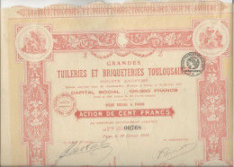 TUILERIES ET BRIQUETERIES TOULOUSAINES -    DIVISE EN 1250 ACTIONS ILLUSTREE DE CENT FRANCS - 1914 - Industry