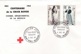 REUNION CFA Poste 357 358 FDC Premier Jour 8 Décembre 1963 Croix-Rouge Statue Enfant à La Grappe Tableau Le Fifre - Cartas & Documentos