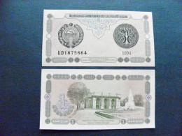 Banknote Uzbekistan Unc 1 Sum 1994 P-73 Coat Of Arms Fountain Building - Uzbekistán