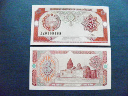 Banknote Uzbekistan Unc 3 Sum 1994 P-74 Coat Of Arms Mosque Bukhara - Usbekistan