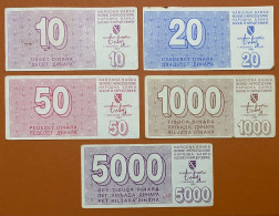 Bosnia, 10, 20, 50, 1000 And 5000 Dinara 1992, Pick21,22, 23,,26, 27, VF-XF - Bosnië En Herzegovina