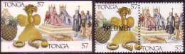 Tonga 1992 Cromalin Proof Pair - Columbus Returns To Spain With Pineapple, Gold - 4 Exist - Christopher Columbus