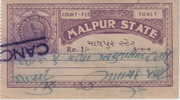 INDIA MALPUR Princely State 1-RUPEE Court Fee STAMP 1943-46 Good/USED - Autres & Non Classés