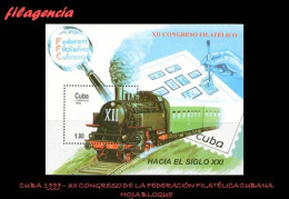 CUBA MINT. 1999-28 XII CONGRESO DE LA FEDERACIÓN FILATÉLICA CUBANA. TRENES. HOJA BLOQUE - Ungebraucht