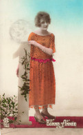 FANTAISIE - Femme - Bonne Année - Robe Orange - Chiffre 1 - Carte Postale Ancienne - Femmes