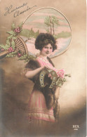 FANTAISIE - Femme - Heureuse Année - Eventail - Fer à Cheval - Chance  - Carte Postale Ancienne - Femmes