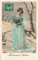 FANTAISIE - Femme - Heureuse Année - Robe Bleue - Neige - Carte Postale Ancienne - Femmes