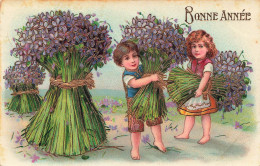 FETES ET VOEUX - Nouvel An - Des Enfants Emportant Des Grands Bouquets De Fleurs - Colorisé - Carte Postale Ancienne - New Year