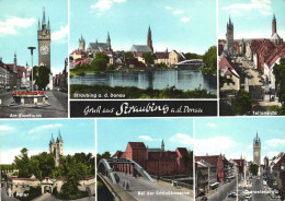 STRAUBING, BAVARIA, MULTIPLE VIEWS, ARCHITECTURE, TOWER WITH CLOCK, BRIDGE, CAR, GERMANY, POSTCARD - Straubing