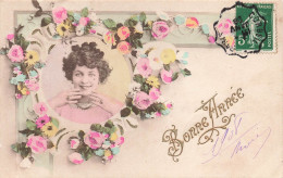 FÊTES ET VOEUX - Bonne Année - Femme Dans Un Cadre Floral - Carte Postale Ancienne - Nouvel An