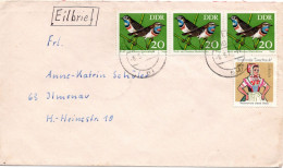 74891 - DDR - 1974 - 3@20Pfg Blaukehlchen MiF A EilBf BERLIN -> ILMENAU, Abs: NVA-Soldat - Storia Postale