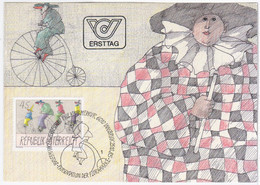 Austria Osterreich 1985 Maximum Card Maximumkarte "Karnevalsfiguren" P. Flora Bike Bicycle Circus Cirque - Cartas Máxima